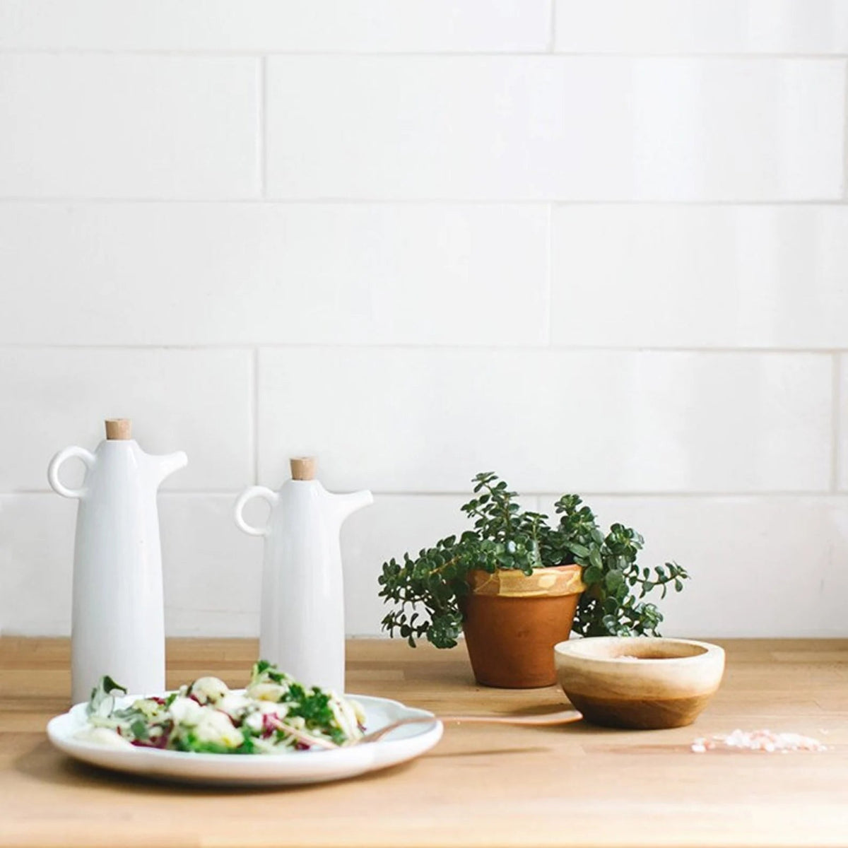 Ceramic oil and vinegar set with white stoneware cruets