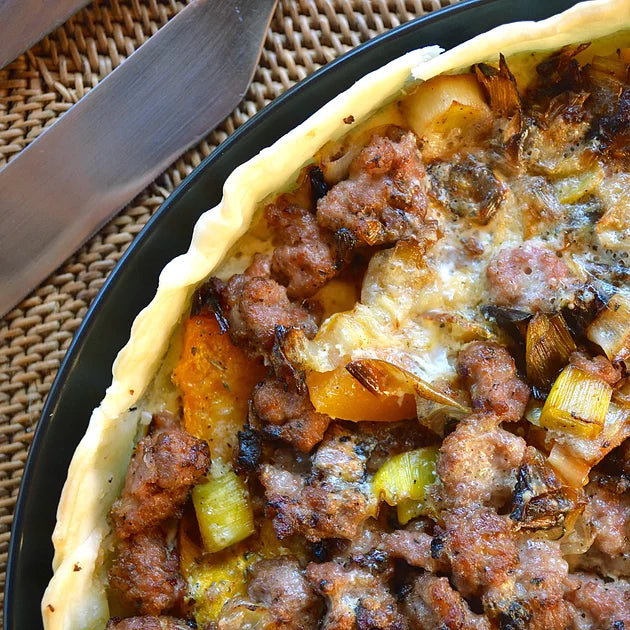 Pumpkin, Leek, and Sausage tart