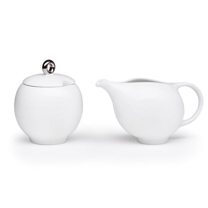 Glossy white ceramic creamer pitcher and sugar bowl set