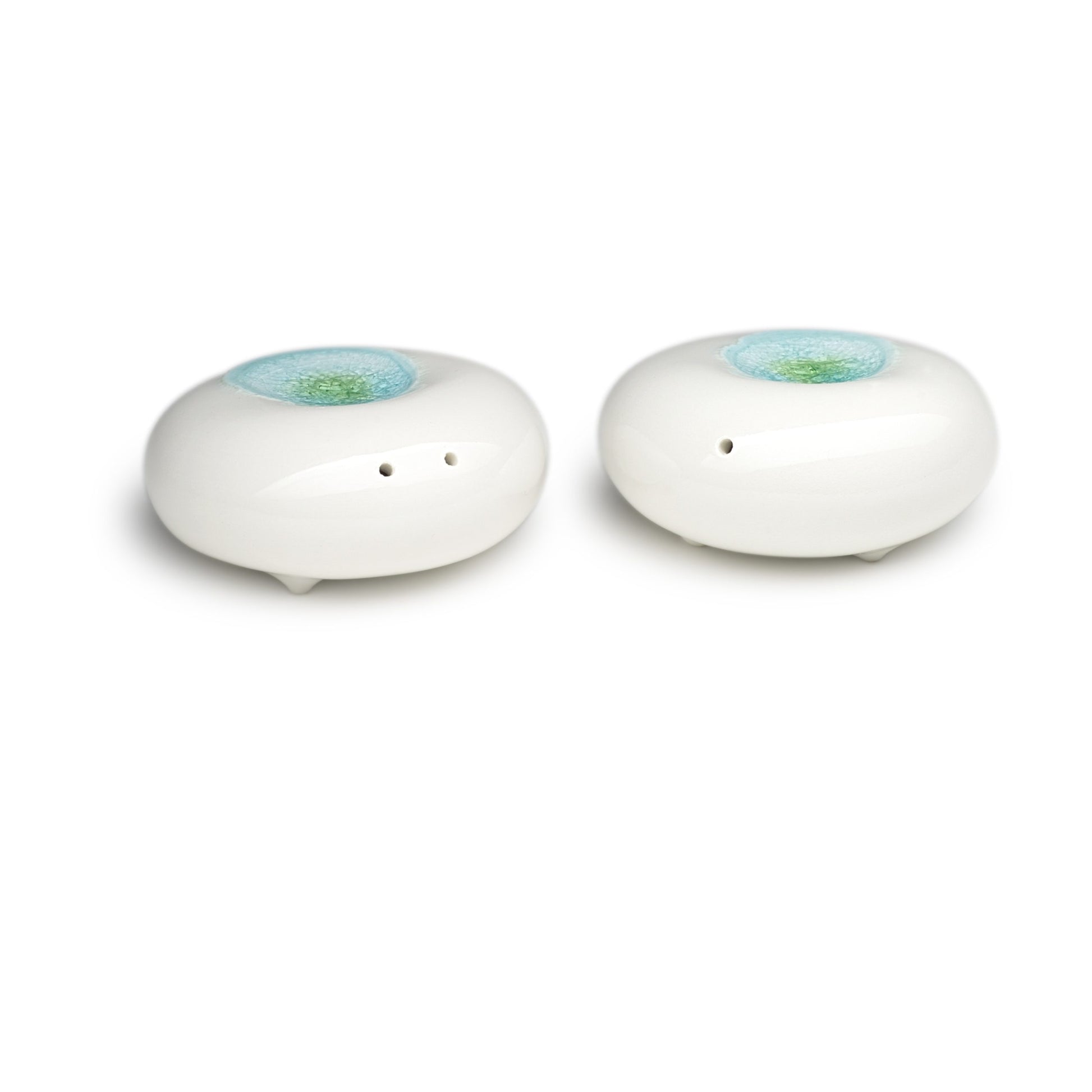 Modern minimalist porcelain salt and pepper shakers by Maia Ming Designs, high-fired and food-safe, Zen inspired artisan pottery handmade in Barcelona.