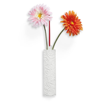 Porcelain hanging wall vase with engraved rose design