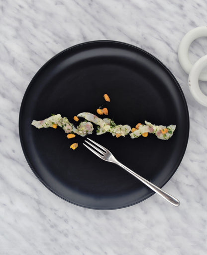 Matte black ceramic dinner plate with wide stoneware surface