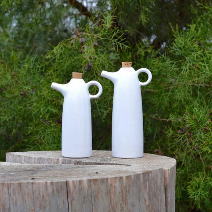 Ceramic oil and vinegar set with white stoneware cruets